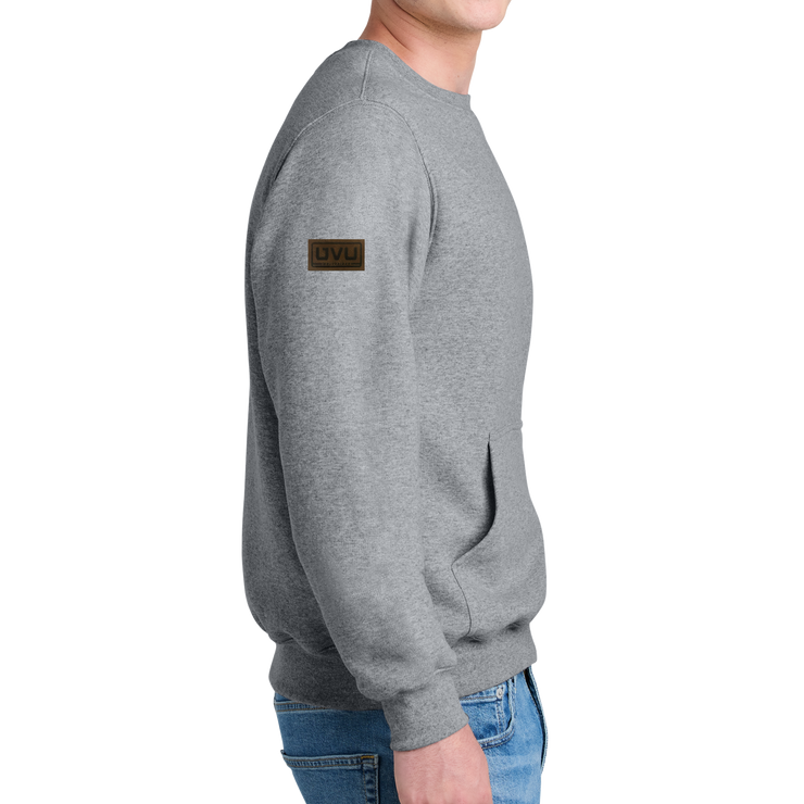 Port & Company® Core Fleece Crewneck Pocket Sweatshirt - Pleather Mono Patch