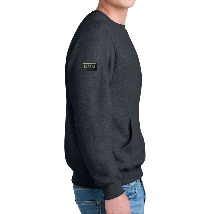 Port & Company® Core Fleece Crewneck Pocket Sweatshirt - Pleather Mono Patch