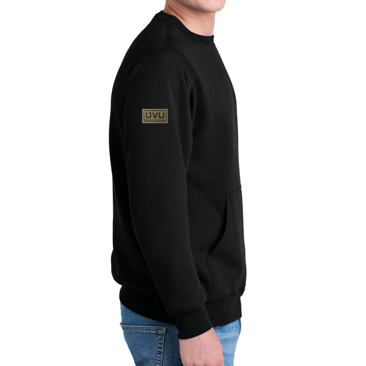 Port & Company® Core Fleece Crewneck Pocket Sweatshirt - Pleather Mono Patch