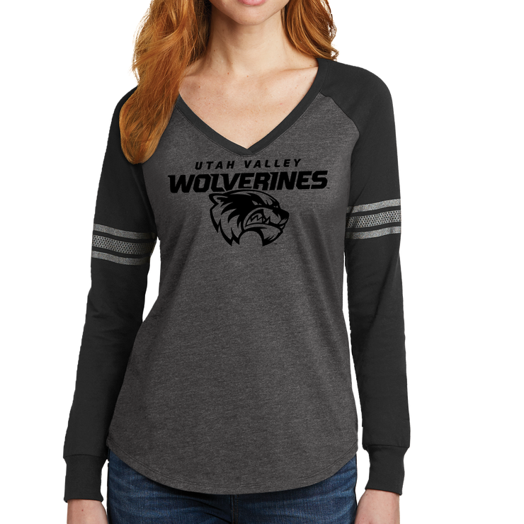 District Women’s Game Long Sleeve V-Neck Tee- Combo Under Wolverines