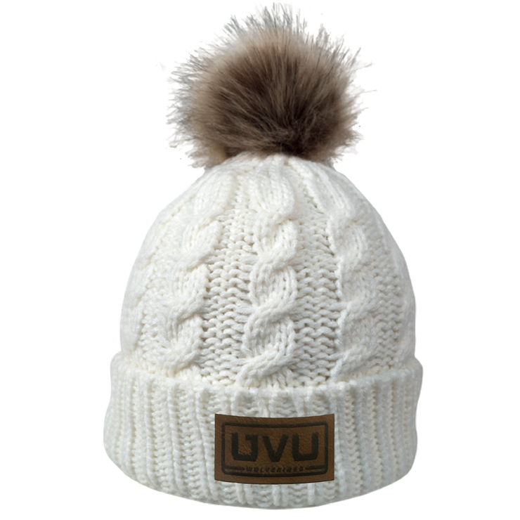Cable Knit Beanie With Faux Fur Pom- Pleather Mono Patch